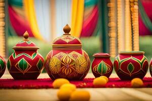 une table avec nombreuses coloré des vases et une Jaune bol. généré par ai photo