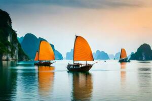 Trois bateaux avec Orange voiles dans le l'eau. généré par ai photo