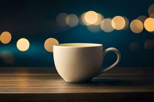 une café tasse sur une en bois table avec bokeh lumières. généré par ai photo