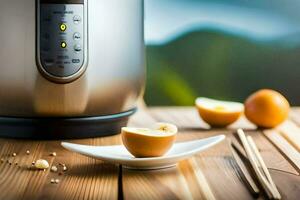 un Oeuf est séance sur une assiette suivant à un électrique pression cuisinier. généré par ai photo