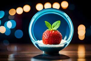 une fraise dans une verre bol avec lumières derrière il. généré par ai photo