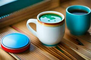 une tasse de café et une bleu et rouge Coupe. généré par ai photo