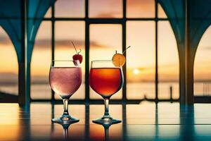 deux des lunettes de des cocktails avec une le coucher du soleil voir. généré par ai photo