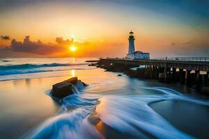 une phare est vu dans le le coucher du soleil plus de le océan. généré par ai photo