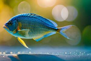 une poisson avec bleu et Jaune rayures est montré. généré par ai photo