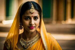 une magnifique Indien femme dans une Jaune sari. généré par ai photo