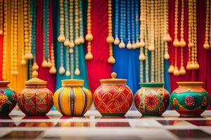 coloré des vases doublé en haut contre une mur avec perles pendaison de eux. généré par ai photo