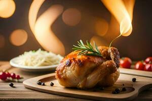 une poulet sur une en bois Coupe planche avec une flamme. généré par ai photo