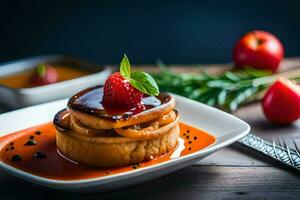 une assiette avec une dessert et une fraise. généré par ai photo