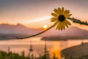 une Célibataire Jaune fleur est dans de face de une Lac et montagnes. généré par ai photo