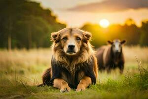 une chien et une vache dans une champ à le coucher du soleil. généré par ai photo