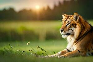 une tigre est séance dans le herbe. généré par ai photo