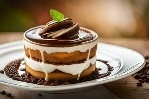 une dessert avec Chocolat et café des haricots sur une plaque. généré par ai photo