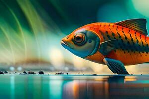 une poisson est permanent sur le l'eau avec une vert Contexte. généré par ai photo