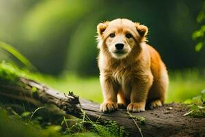 une chiot est séance sur une Journal dans le les bois. généré par ai photo