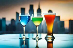 Trois des lunettes de différent coloré les boissons sur une table dans de face de une ville ligne d'horizon. généré par ai photo