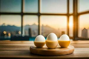 des œufs sur une table avec une vue de le ville. généré par ai photo