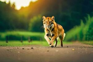 une tigre en marchant sur une route dans le milieu de le journée. généré par ai photo
