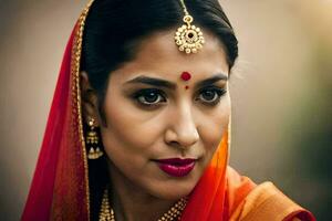 une magnifique Indien femme portant une rouge sari. généré par ai photo