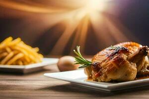 une poulet et français frites sur une plaque. généré par ai photo