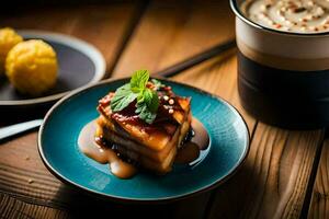 une dessert sur une bleu assiette suivant à une tasse de café. généré par ai photo