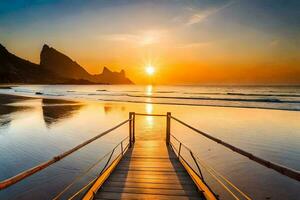 le Soleil monte plus de le océan et le promenade de premier plan à le plage. généré par ai photo