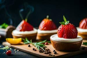 des fraises sur une en bois planche avec épices. généré par ai photo