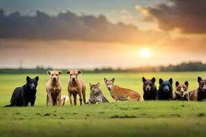 une groupe de chiens et chats séance dans le herbe. généré par ai photo