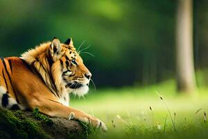 une tigre est séance sur une Journal dans le herbe. généré par ai photo