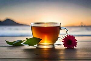 une tasse de thé sur le plage. généré par ai photo