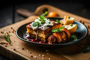 une assiette avec nourriture sur il et une en bois Coupe planche. généré par ai photo