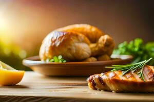 grillé poulet et des légumes sur une en bois tableau. généré par ai photo