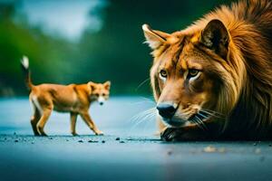 une Lion et une petit chien permanent suivant à chaque autre. généré par ai photo