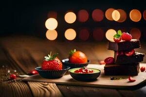 une en bois plateau avec Chocolat gâteau, des fraises et une verre de lait. généré par ai photo