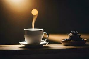 une tasse de café et une assiette de biscuits. généré par ai photo