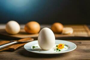 un Oeuf sur une assiette avec une couteau et une couteau. généré par ai photo