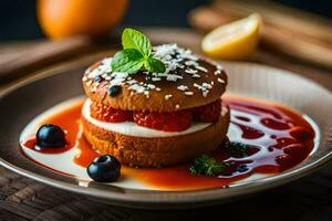 une dessert avec des fraises et crème sur une plaque. généré par ai photo