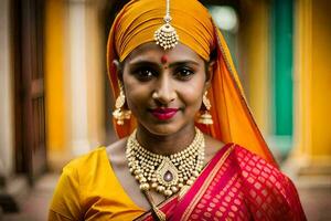 une femme portant une traditionnel sari et bijoux. généré par ai photo
