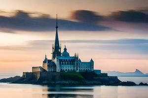 une Château est assis sur un île dans le océan. généré par ai photo