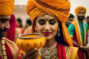 une la mariée et jeune marié dans traditionnel Indien tenue. généré par ai photo