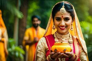 une femme dans traditionnel Indien tenue en portant une pot. généré par ai photo