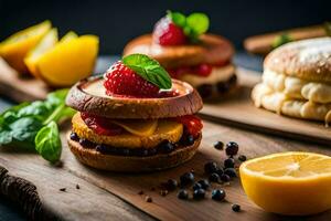 une sandwich avec fruit et fromage sur il. généré par ai photo