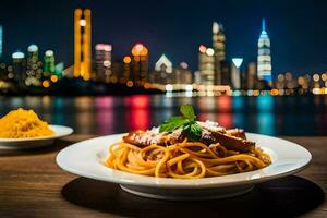 une assiette de spaghetti avec une vue de le ville. généré par ai photo