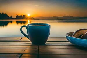 café, petit-déjeuner, le lac, lever du soleil, le lac, lever du soleil, le lac, lever du soleil. généré par ai photo