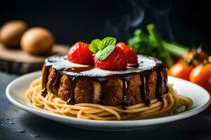 une assiette avec spaghetti et des fraises sur il. généré par ai photo