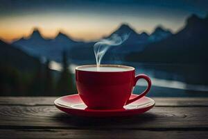 une tasse de café sur une en bois table avec montagnes dans le Contexte. généré par ai photo