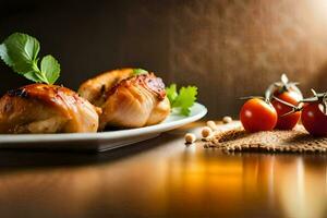 deux poulet les seins sur une assiette avec tomates et herbes. généré par ai photo