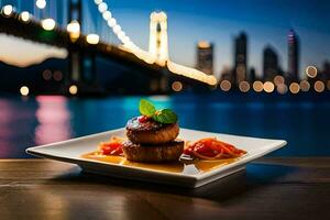 une assiette de nourriture avec une pont dans le Contexte. généré par ai photo