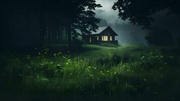 en bois maison dans le brumeux forêt ai généré photo