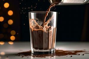 verser Chocolat dans une verre avec éclaboussures sur une foncé Contexte ai généré photo